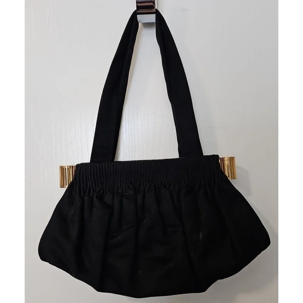 Vtg 1940's Black Cloth Purse Handbag w/Gold accents to open